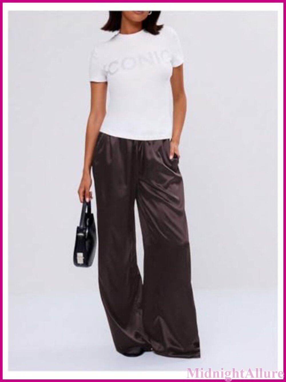 Silk Satin Wide Leg Pants Flowy Tie Front Elastic Waist - Picture 4 of 4